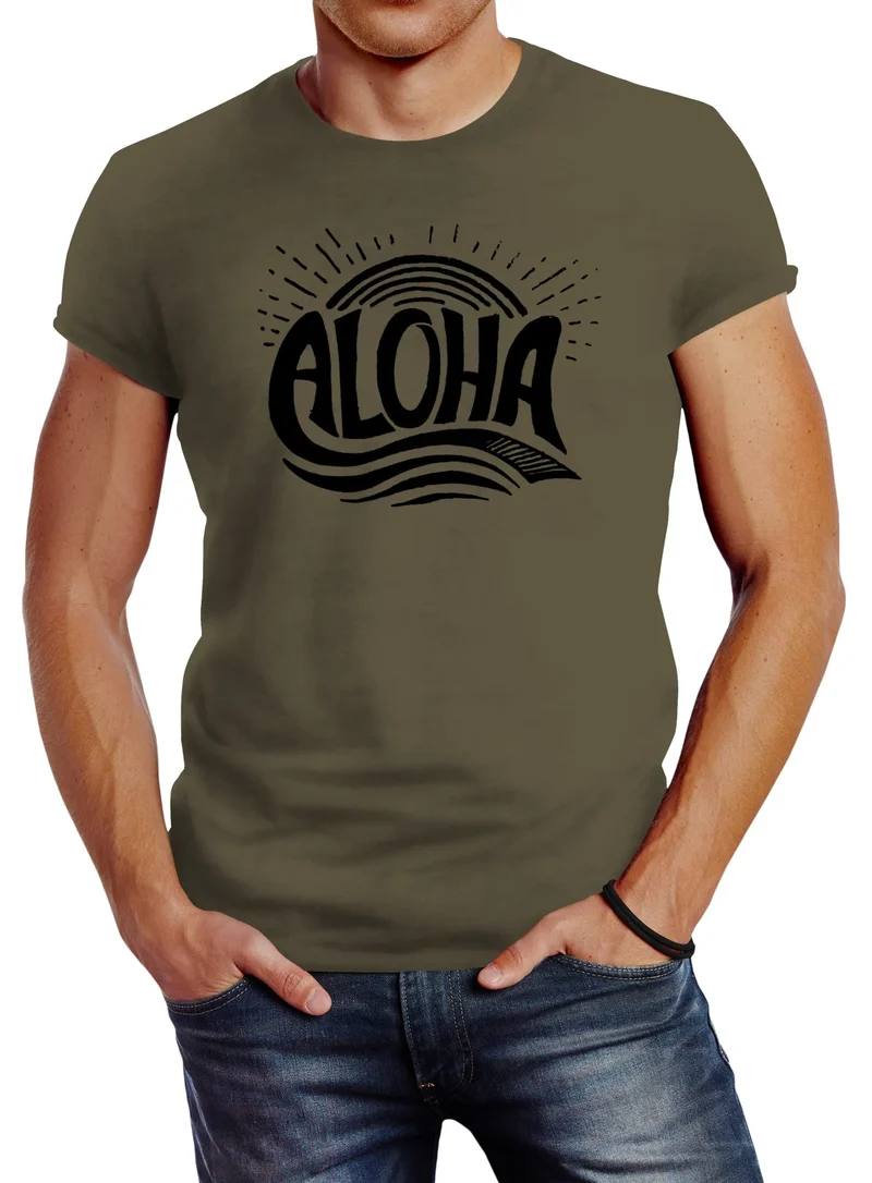 Herren T-Shirt Aloha Wellen Surfing Sommer Slim Fit