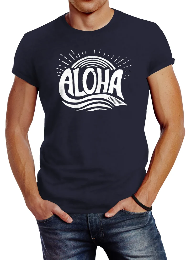 Herren T-Shirt Aloha Wellen Surfing Sommer Slim Fit