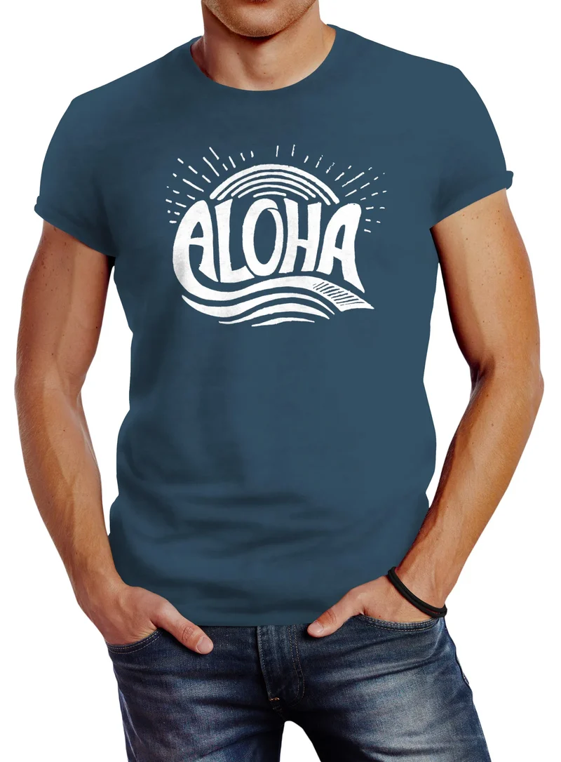 Herren T-Shirt Aloha Wellen Surfing Sommer Slim Fit