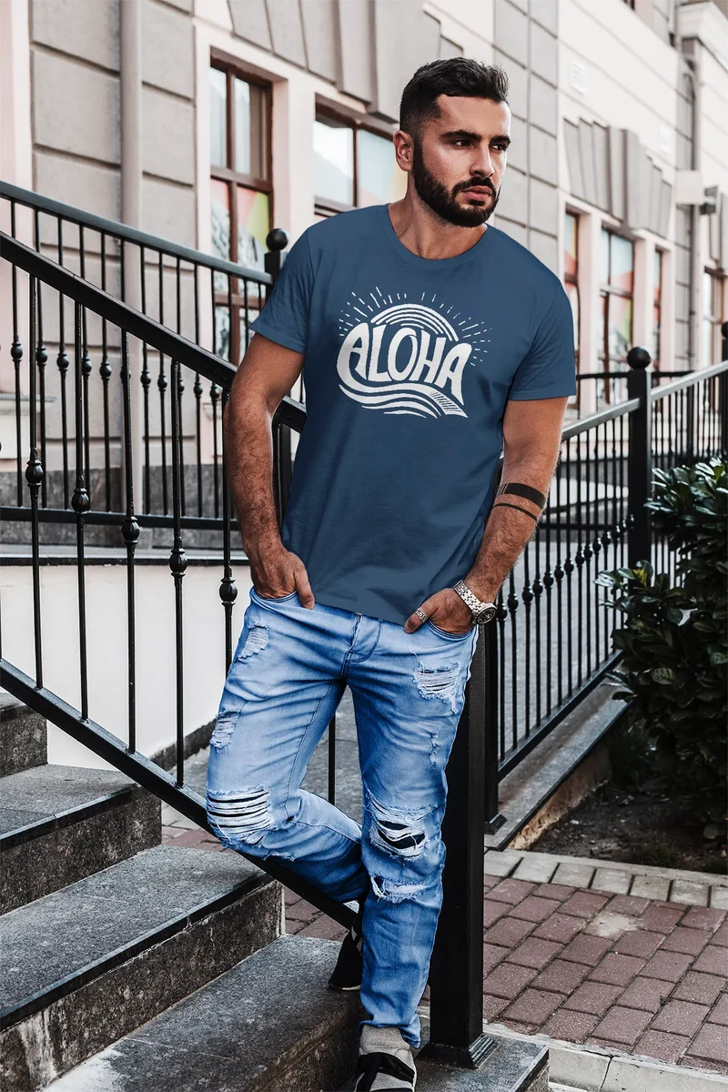Herren T-Shirt Aloha Wellen Surfing Sommer Slim Fit