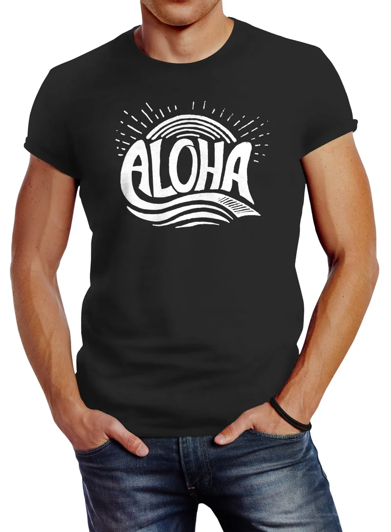 Herren T-Shirt Aloha Wellen Surfing Sommer Slim Fit