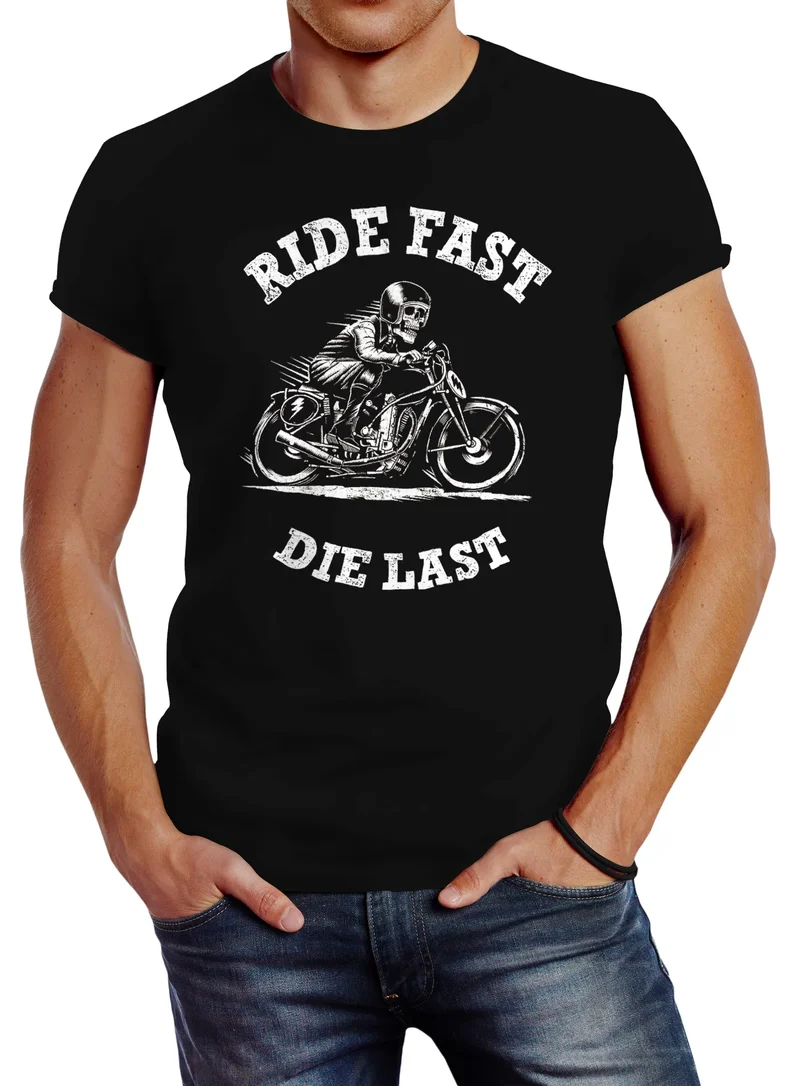 Retro Vintage Biker Herren T-Shirt Ride Fast Die Last Slim Fit