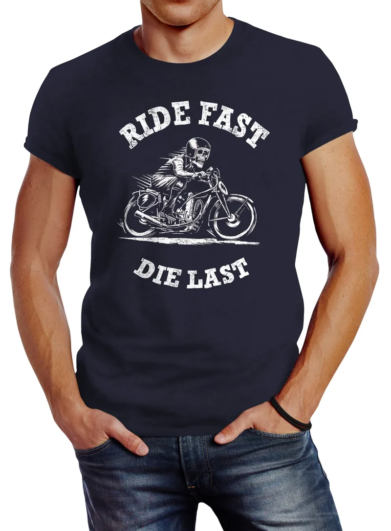 Retro Vintage Biker Herren T-Shirt Ride Fast Die Last Slim Fit