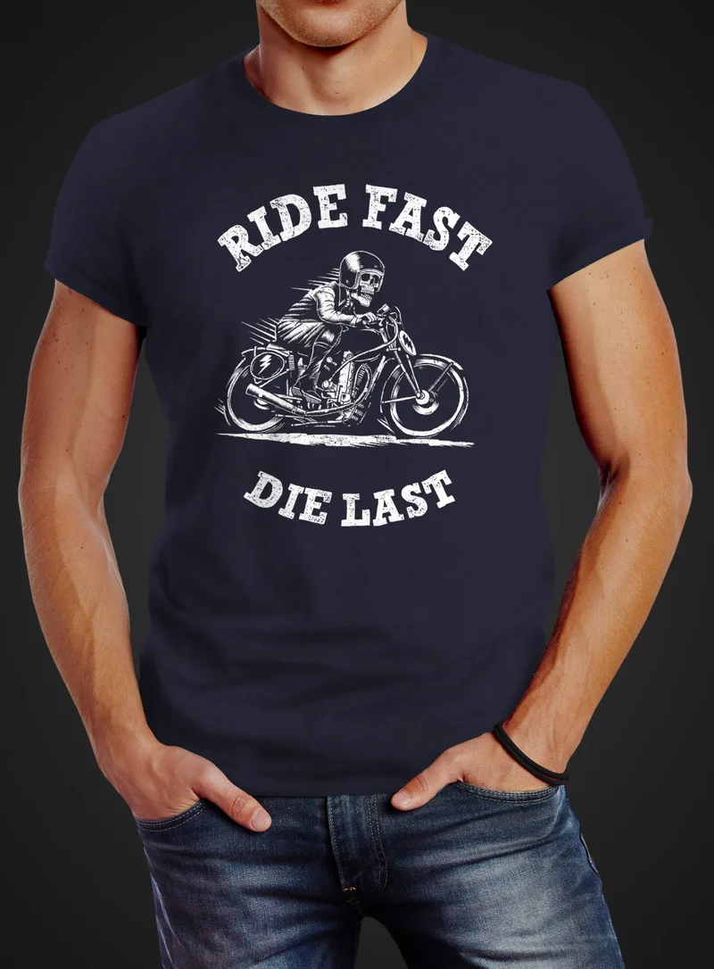 Retro Vintage Biker Herren T-Shirt Ride Fast Die Last Slim Fit