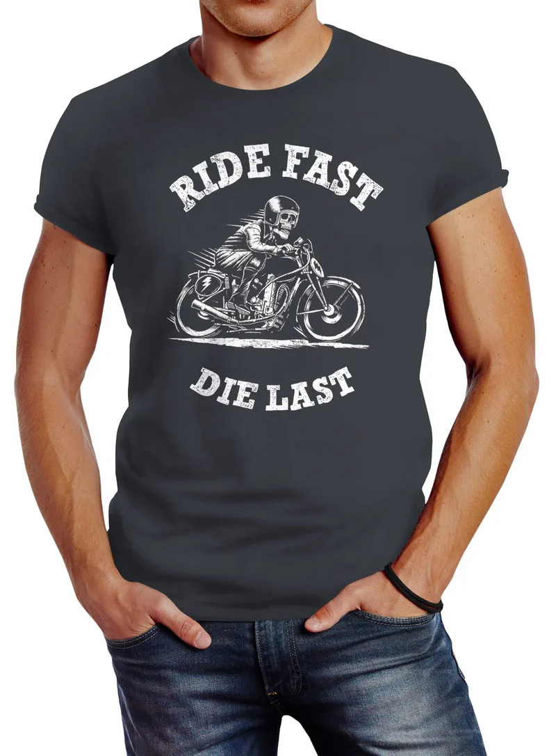 Retro Vintage Biker Herren T-Shirt Ride Fast Die Last Slim Fit