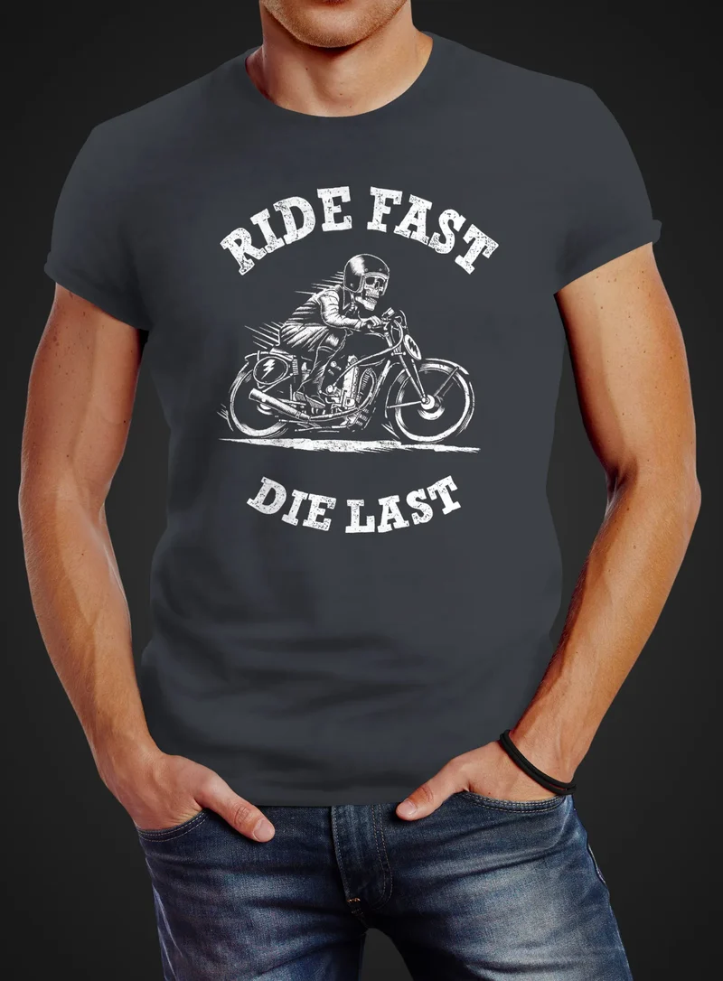Retro Vintage Biker Herren T-Shirt Ride Fast Die Last Slim Fit