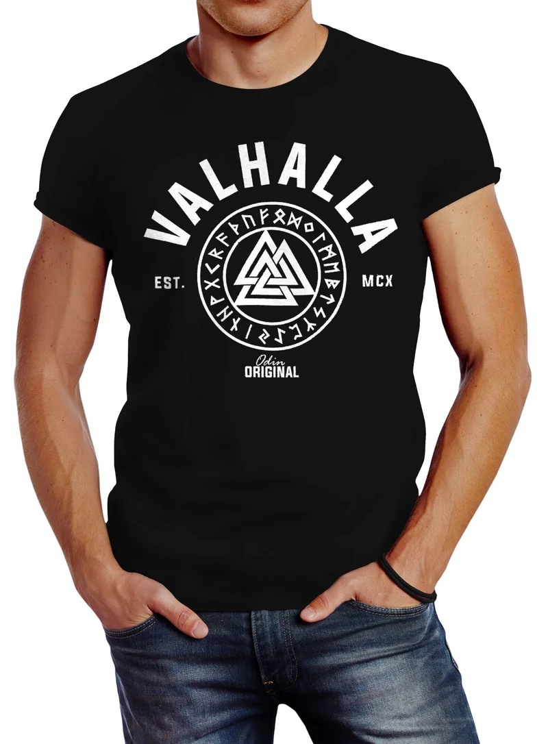 Herren T-Shirt Valhalla Runen Vikings Wikinger Slim Fit