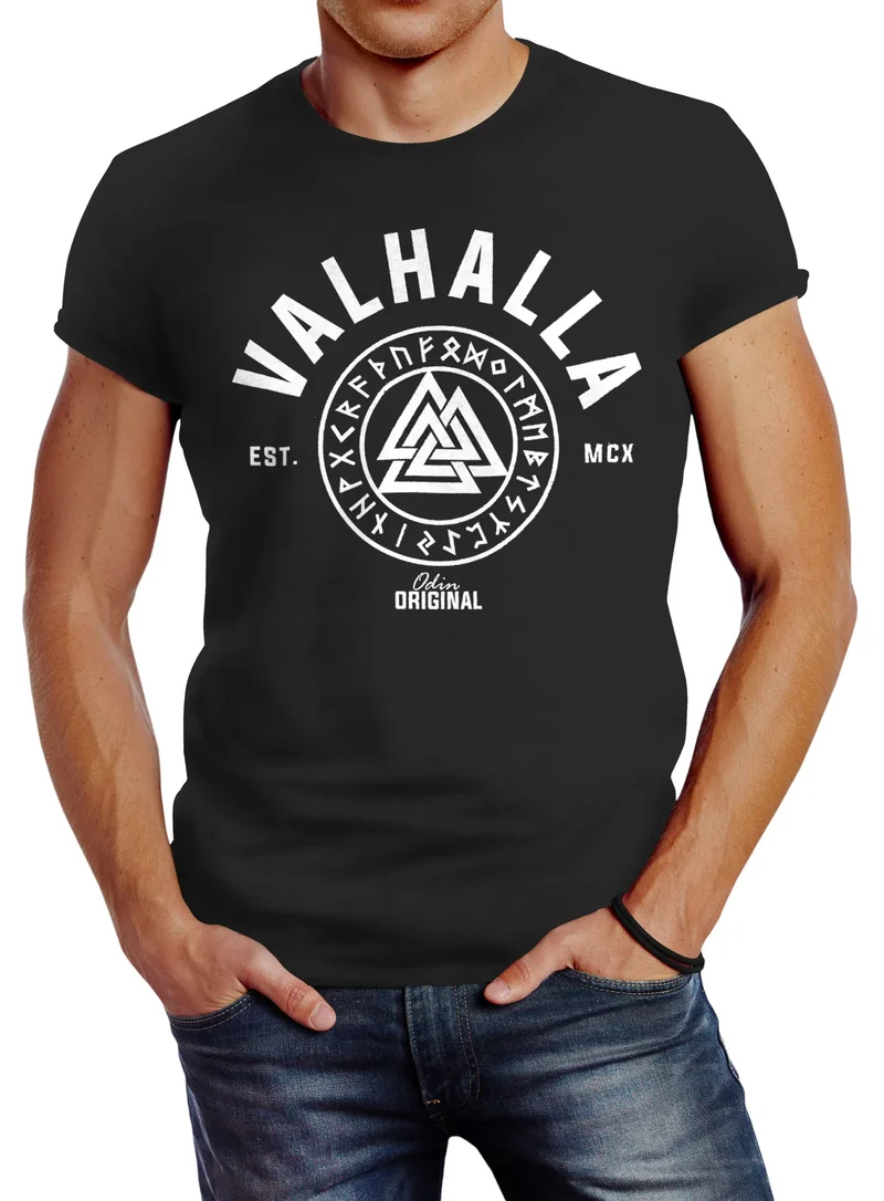 Herren T-Shirt Valhalla Runen Vikings Wikinger Slim Fit