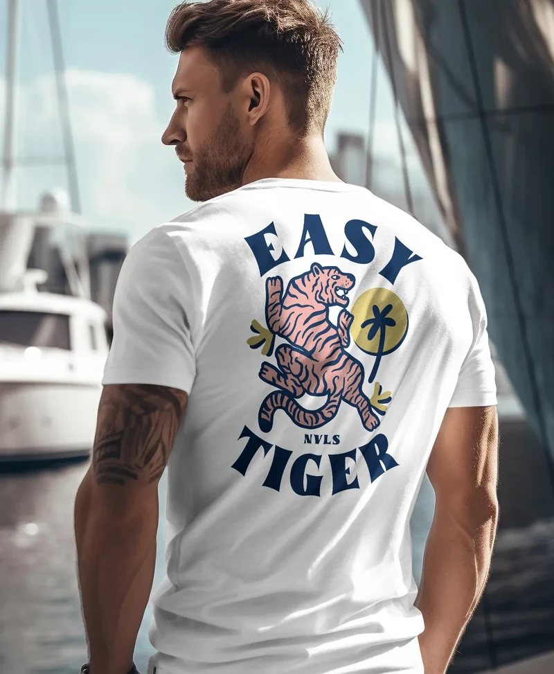 Herren T-Shirt Backprint Tiger Aufdruck Motivshirt Sommer Printshirt Retro Fashion Streetstyle