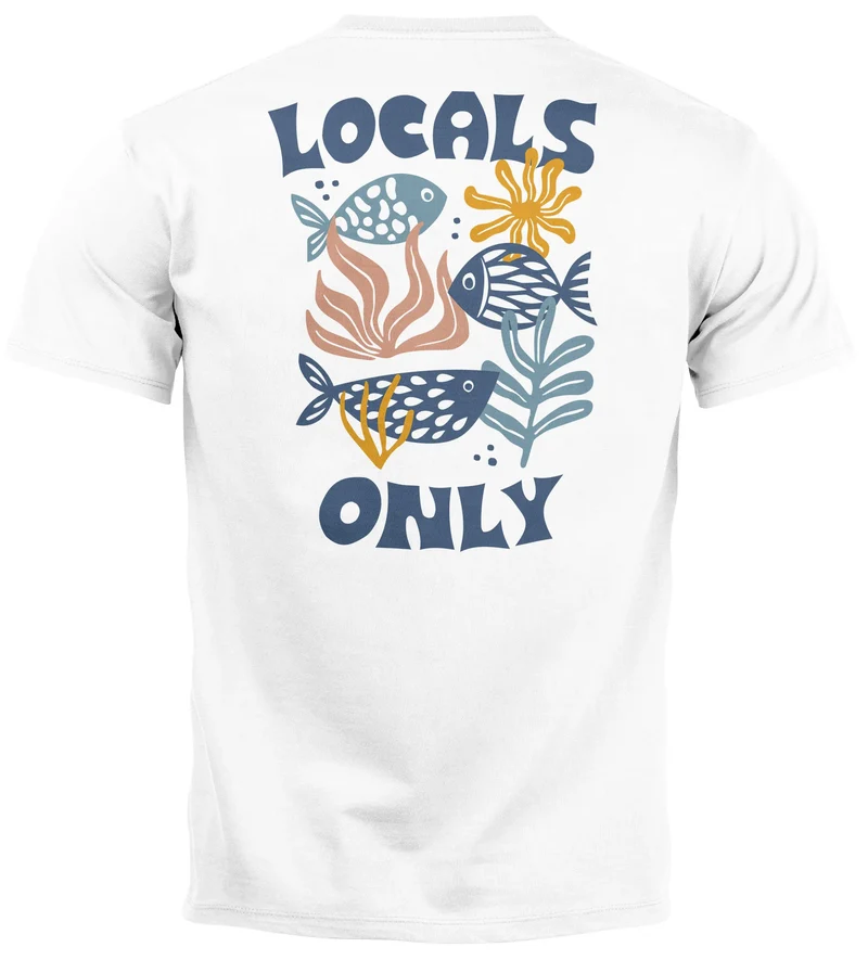 Herren T-Shirt Backprint Maritim Meer Fische Aufdruck Abstrakt Spruch Locals Only Sommer Fashion Streetstyle
