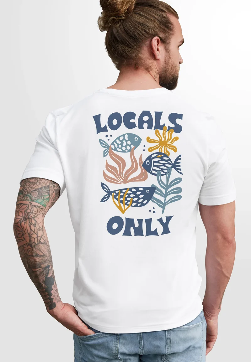 Herren T-Shirt Backprint Maritim Meer Fische Aufdruck Abstrakt Spruch Locals Only Sommer Fashion Streetstyle