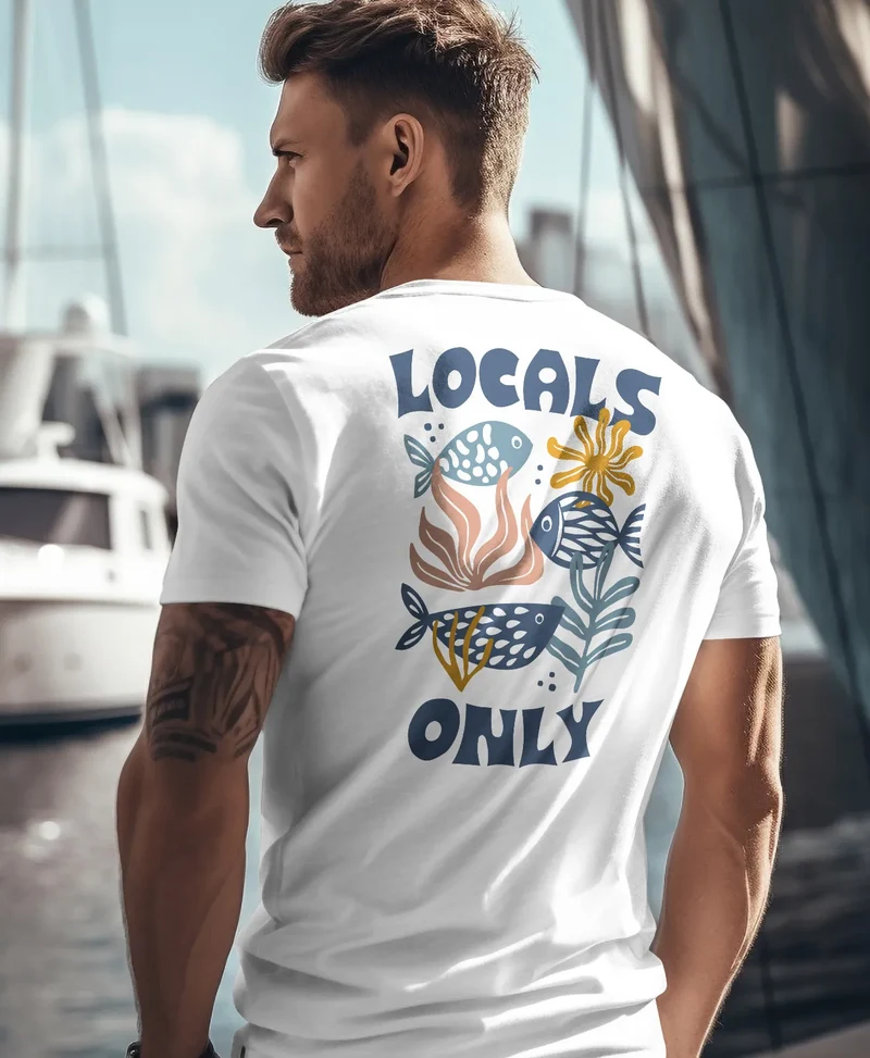 Herren T-Shirt Backprint Maritim Meer Fische Aufdruck Abstrakt Spruch Locals Only Sommer Fashion Streetstyle