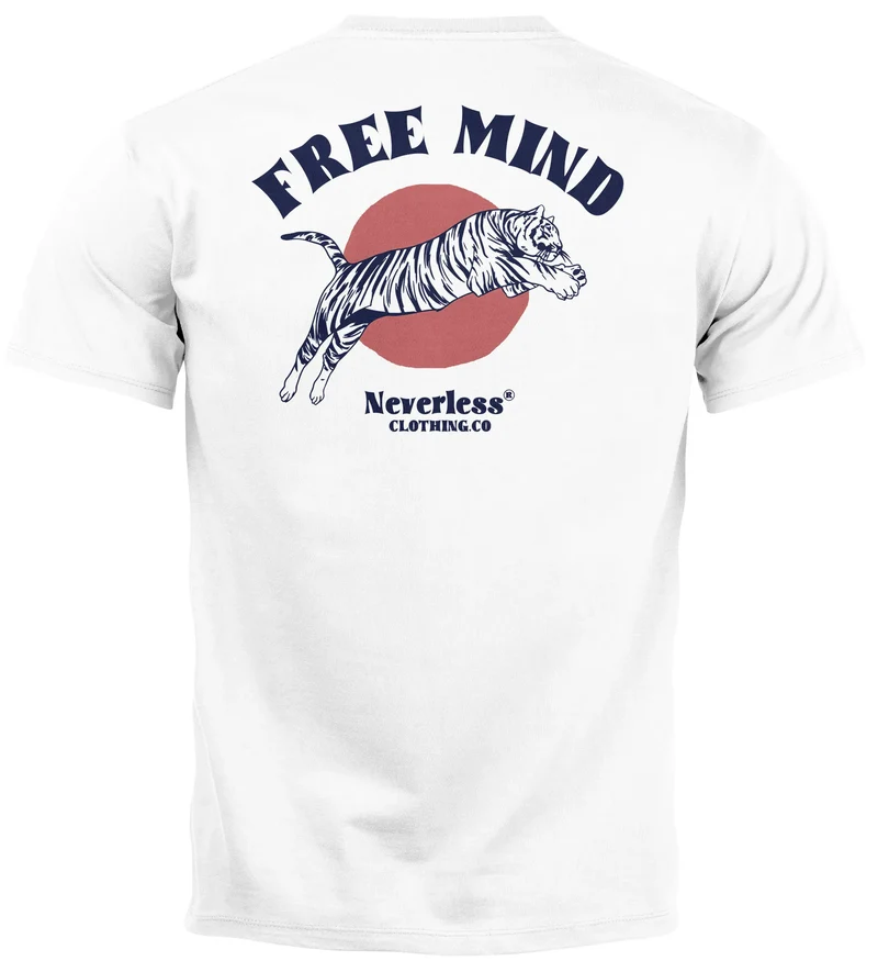 Herren T-Shirt Backprint Tiger Motiv Schrift Statement Free Mind Grafik Printshirt Fashion Streetstyle