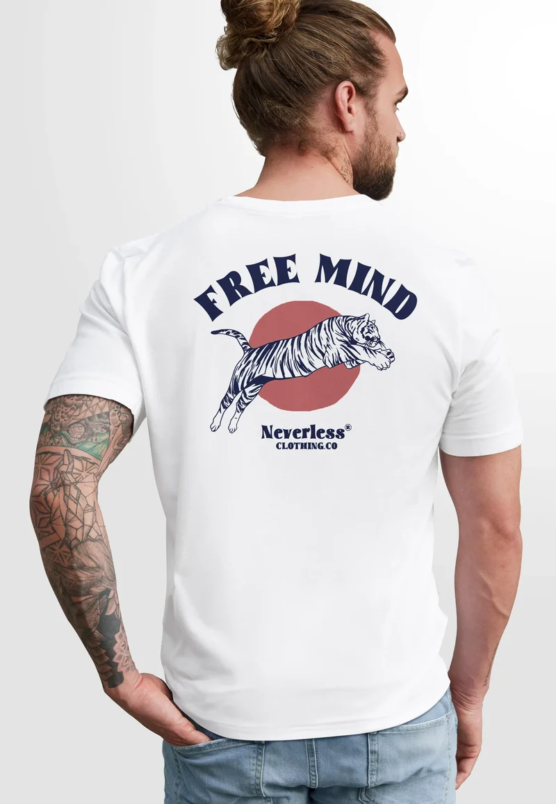 Herren T-Shirt Backprint Tiger Motiv Schrift Statement Free Mind Grafik Printshirt Fashion Streetstyle
