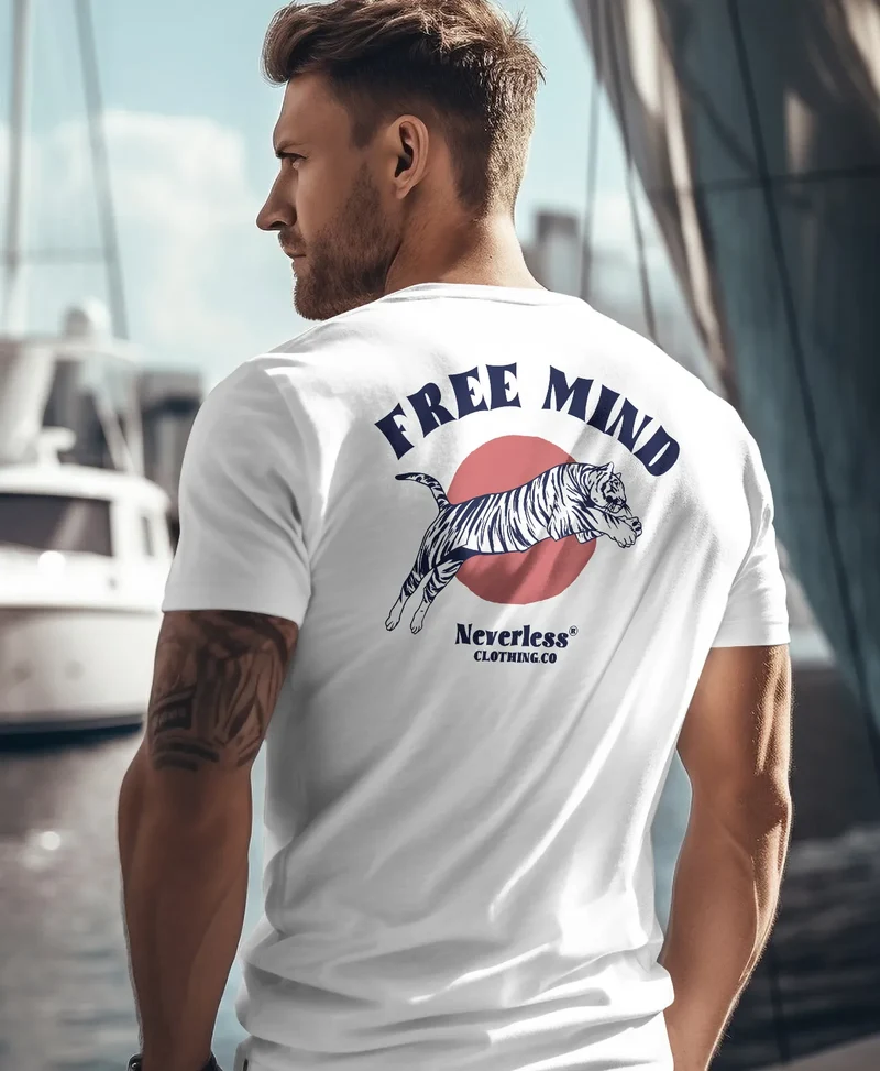 Herren T-Shirt Backprint Tiger Motiv Schrift Statement Free Mind Grafik Printshirt Fashion Streetstyle