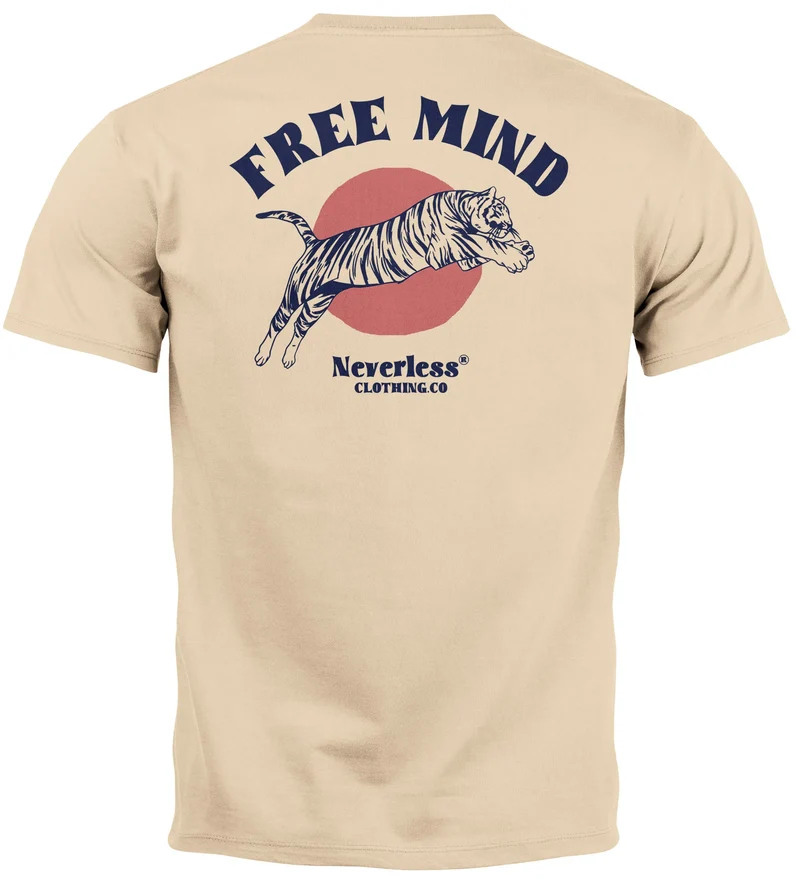 Herren T-Shirt Backprint Tiger Motiv Schrift Statement Free Mind Grafik Printshirt Fashion Streetstyle