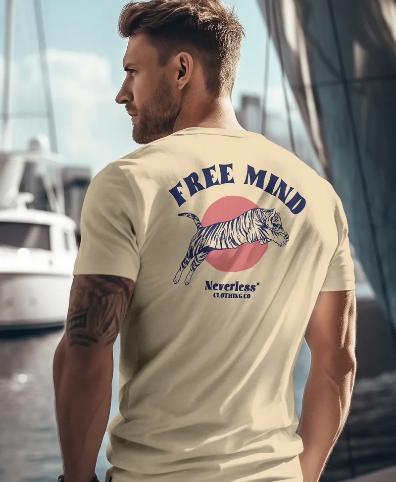 Herren T-Shirt Backprint Tiger Motiv Schrift Statement Free Mind Grafik Printshirt Fashion Streetstyle