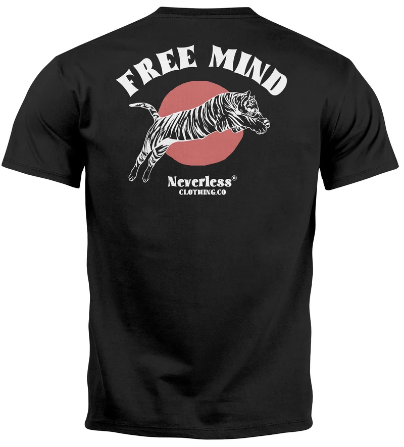 Herren T-Shirt Backprint Tiger Motiv Schrift Statement Free Mind Grafik Printshirt Fashion Streetstyle