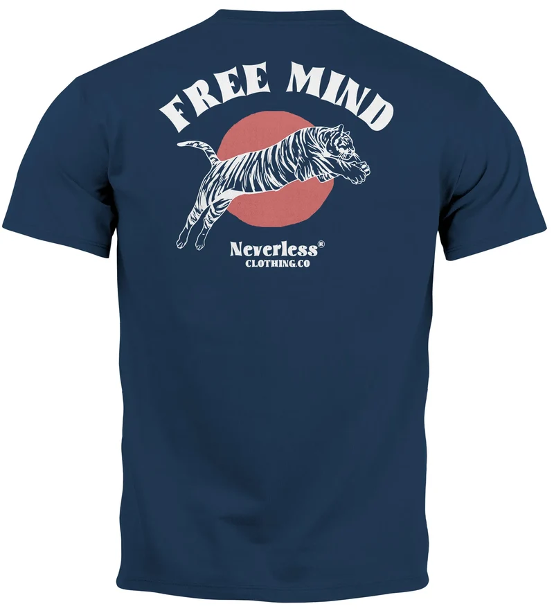 Herren T-Shirt Backprint Tiger Motiv Schrift Statement Free Mind Grafik Printshirt Fashion Streetstyle