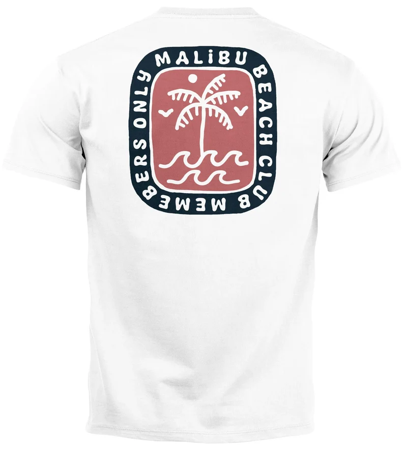 Herren T-Shirt Backprint Surfer Style mit Grafik Aufdruck Malibu Beach Sommer Sonne Fashion