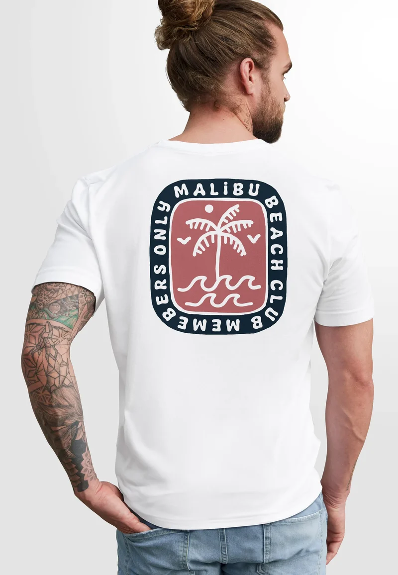 Herren T-Shirt Backprint Surfer Style mit Grafik Aufdruck Malibu Beach Sommer Sonne Fashion