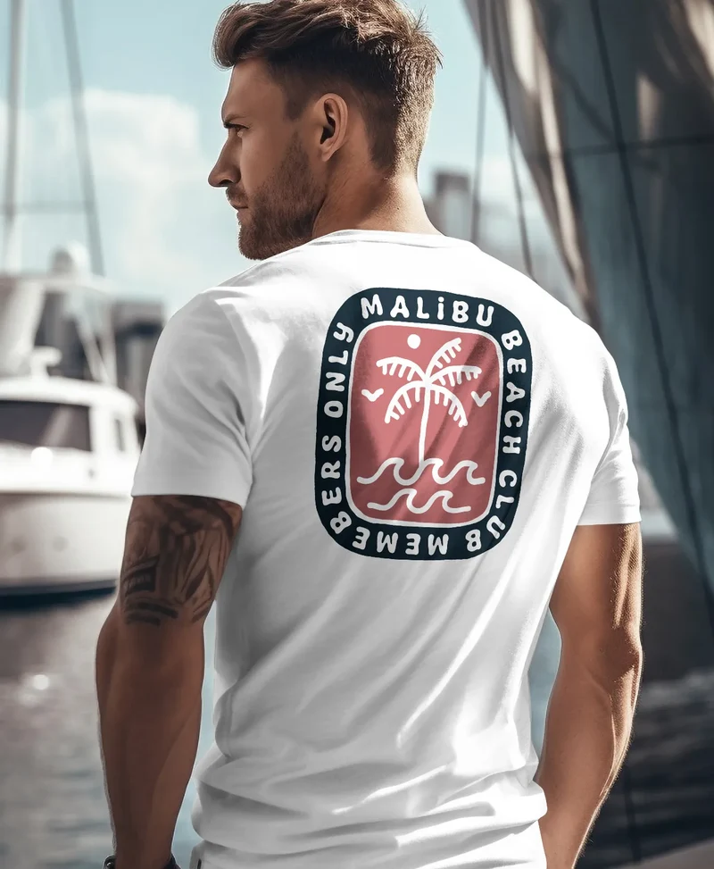 Herren T-Shirt Backprint Surfer Style mit Grafik Aufdruck Malibu Beach Sommer Sonne Fashion