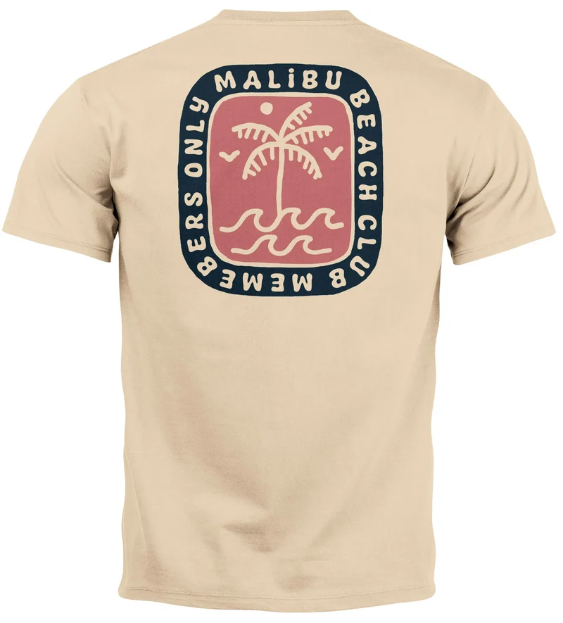 Herren T-Shirt Backprint Surfer Style mit Grafik Aufdruck Malibu Beach Sommer Sonne Fashion