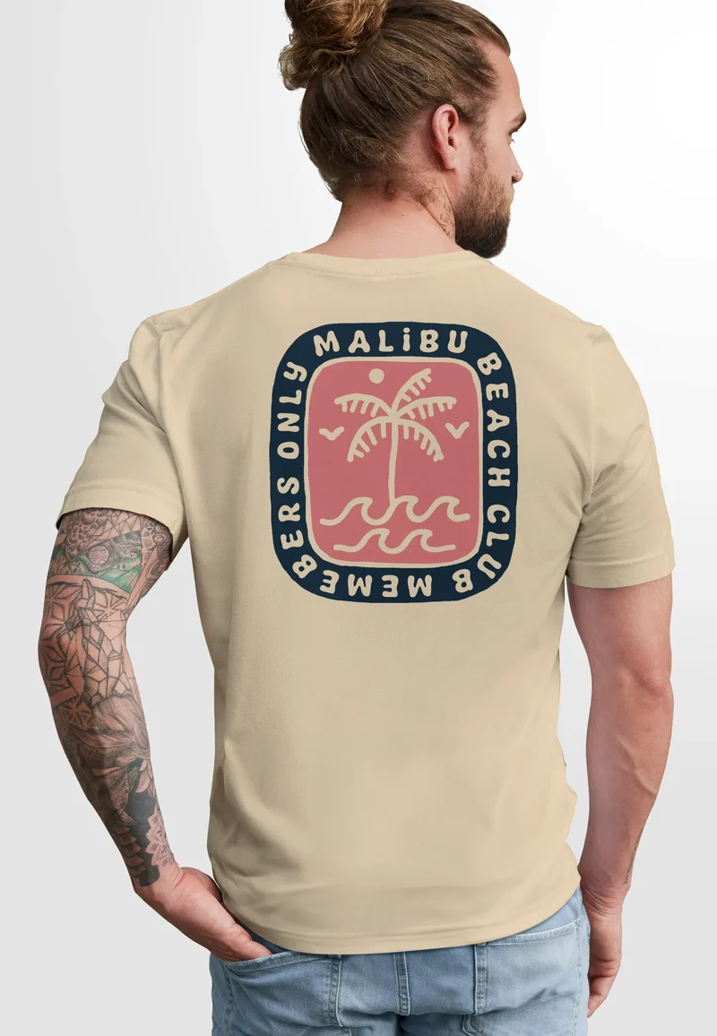 Herren T-Shirt Backprint Surfer Style mit Grafik Aufdruck Malibu Beach Sommer Sonne Fashion
