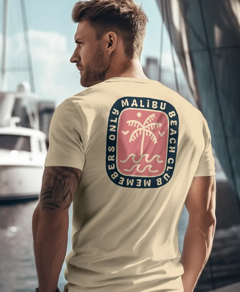 Herren T-Shirt Backprint Surfer Style mit Grafik Aufdruck Malibu Beach Sommer Sonne Fashion