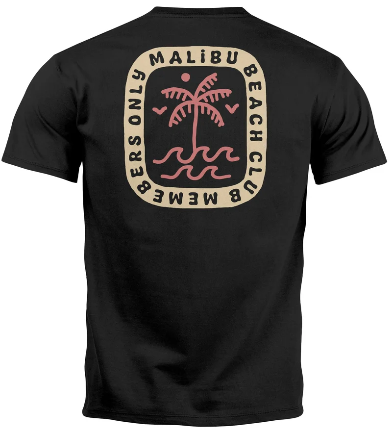 Herren T-Shirt Backprint Surfer Style mit Grafik Aufdruck Malibu Beach Sommer Sonne Fashion