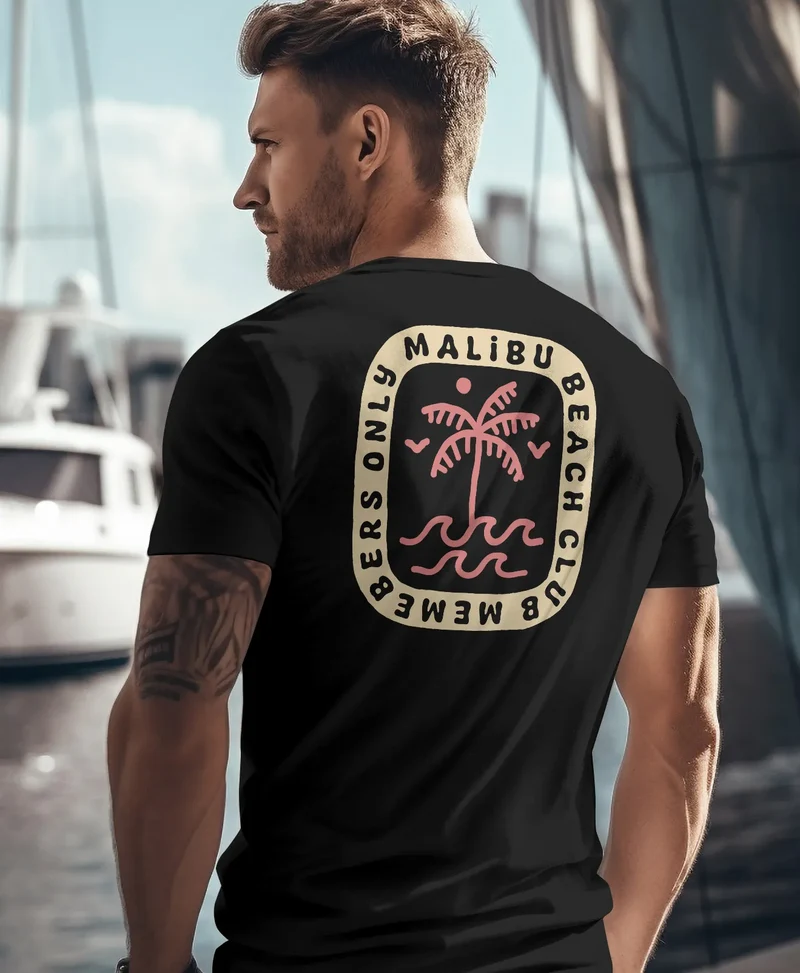 Herren T-Shirt Backprint Surfer Style mit Grafik Aufdruck Malibu Beach Sommer Sonne Fashion