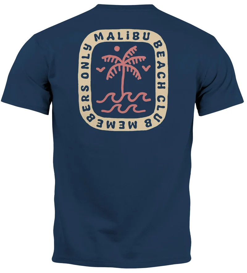 Herren T-Shirt Backprint Surfer Style mit Grafik Aufdruck Malibu Beach Sommer Sonne Fashion