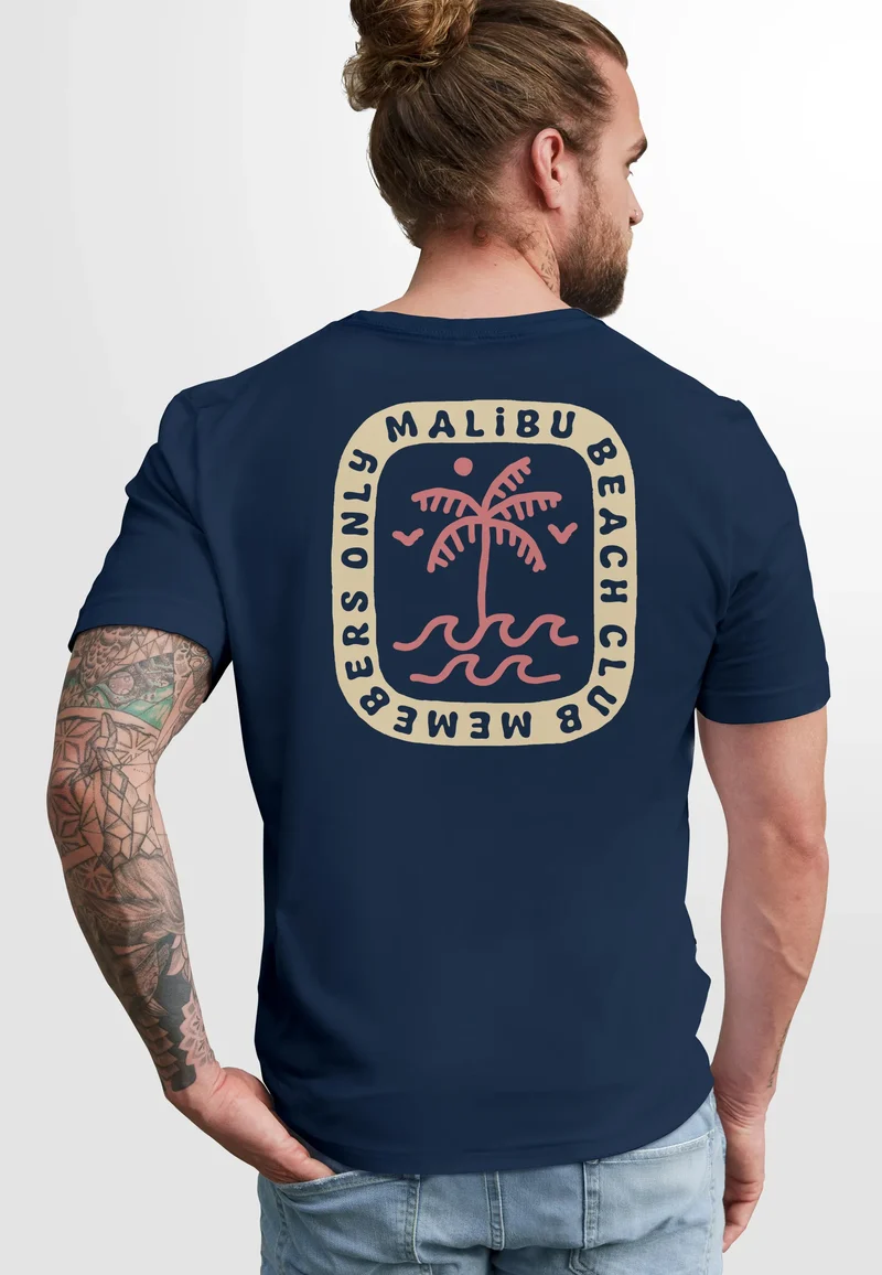 Herren T-Shirt Backprint Surfer Style mit Grafik Aufdruck Malibu Beach Sommer Sonne Fashion