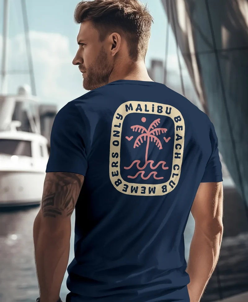 Herren T-Shirt Backprint Surfer Style mit Grafik Aufdruck Malibu Beach Sommer Sonne Fashion