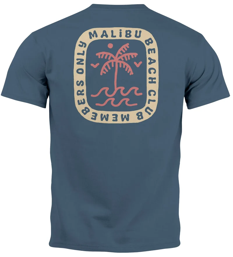 Herren T-Shirt Backprint Surfer Style mit Grafik Aufdruck Malibu Beach Sommer Sonne Fashion