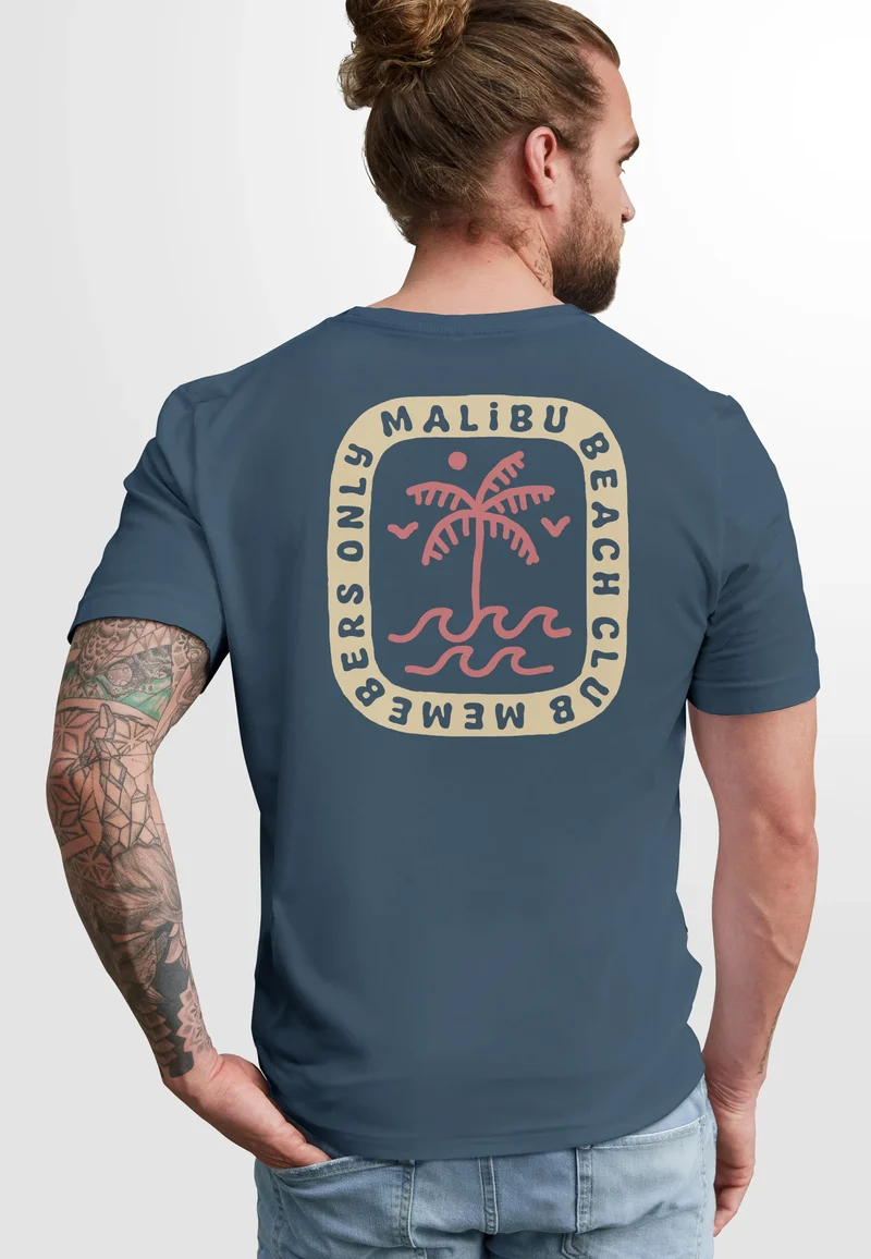 Herren T-Shirt Backprint Surfer Style mit Grafik Aufdruck Malibu Beach Sommer Sonne Fashion