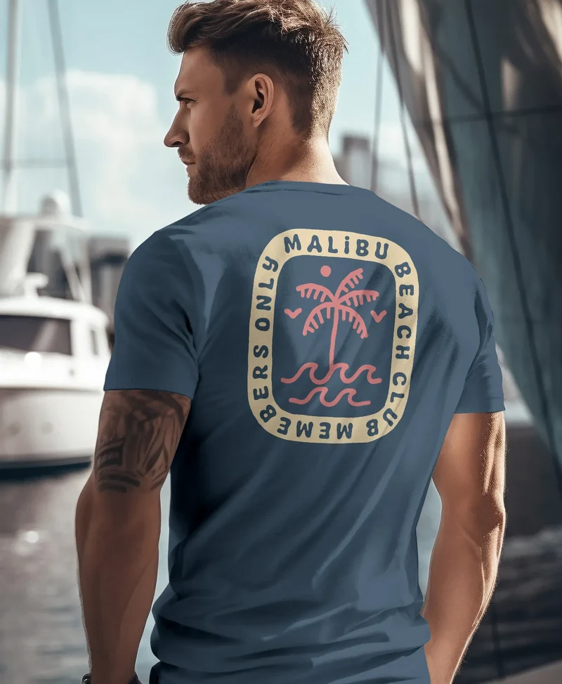 Herren T-Shirt Backprint Surfer Style mit Grafik Aufdruck Malibu Beach Sommer Sonne Fashion