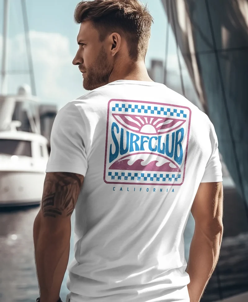 Herren T-Shirt Surfing Surfclub California Retro Motiv Backprint Sommer Streetstyle