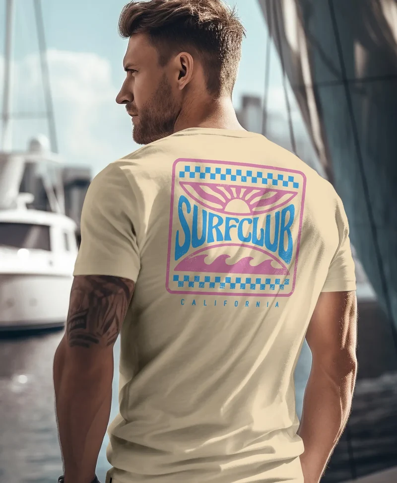 Herren T-Shirt Surfing Surfclub California Retro Motiv Backprint Sommer Streetstyle
