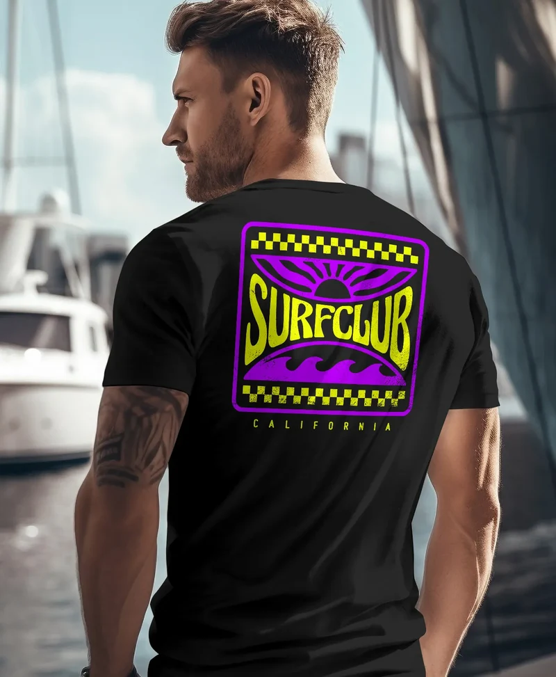 Herren T-Shirt Surfing Surfclub California Retro Motiv Backprint Sommer Streetstyle