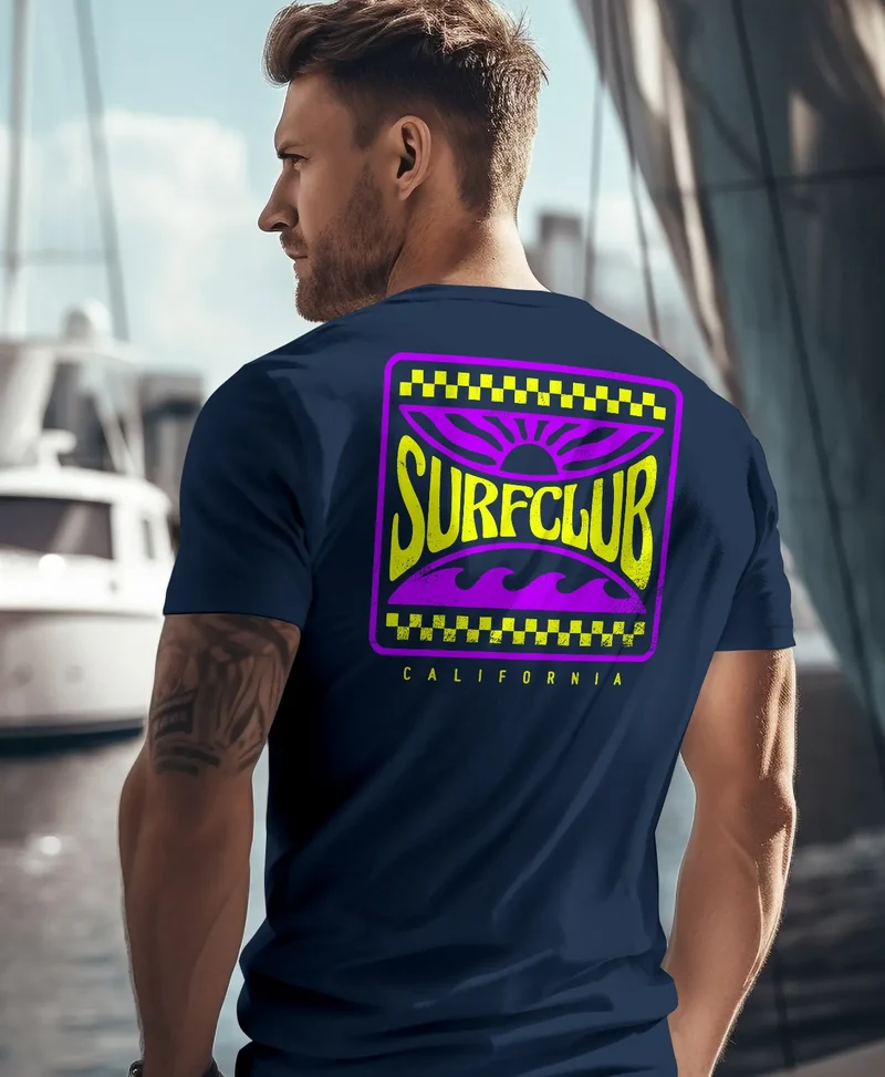 Herren T-Shirt Surfing Surfclub California Retro Motiv Backprint Sommer Streetstyle