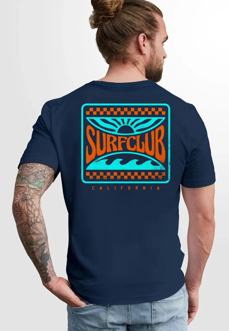 Herren T-Shirt Surfing Surfclub California Retro Motiv Backprint Sommer Streetstyle