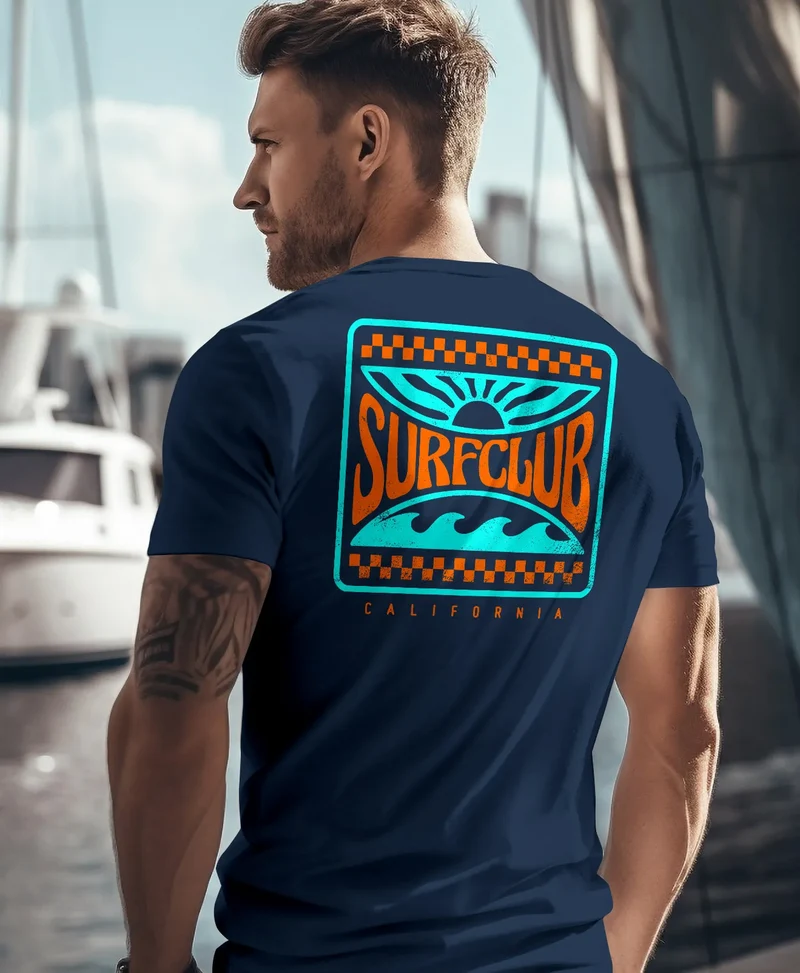 Herren T-Shirt Surfing Surfclub California Retro Motiv Backprint Sommer Streetstyle