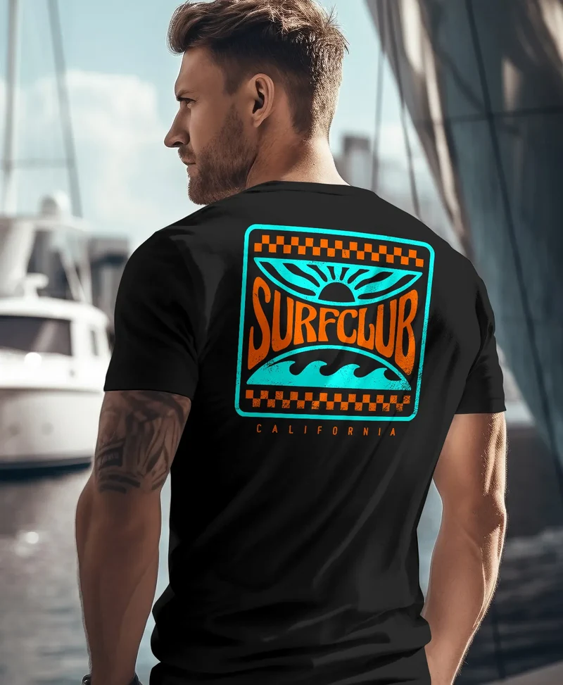 Herren T-Shirt Surfing Surfclub California Retro Motiv Backprint Sommer Streetstyle