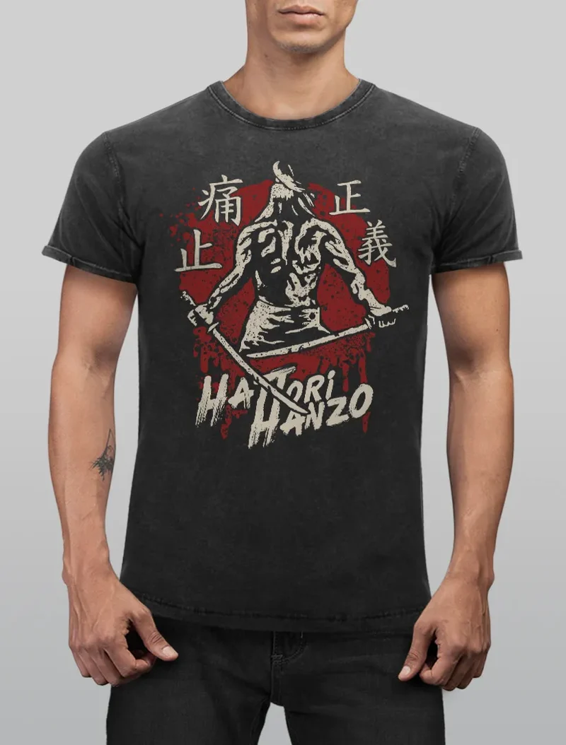 Herren Vintage Shirt Samurai Schwert japanische Schriftzeichen Schriftzug Hattori Hanzo Used Look
