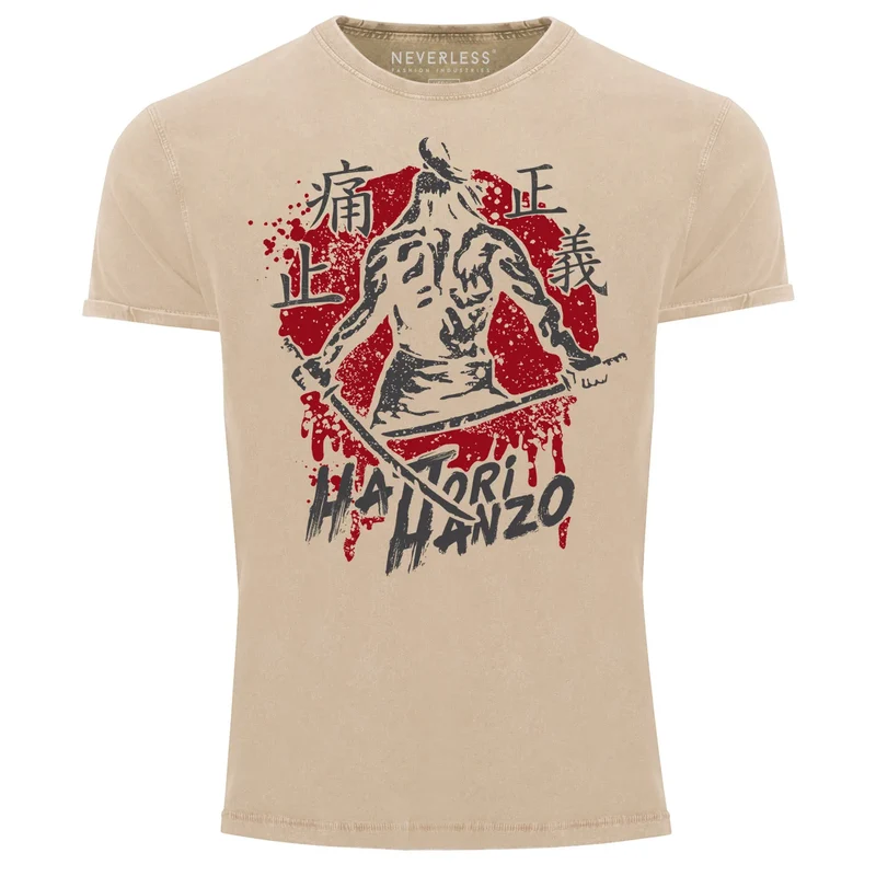 Herren Vintage Shirt Samurai Schwert japanische Schriftzeichen Schriftzug Hattori Hanzo Used Look