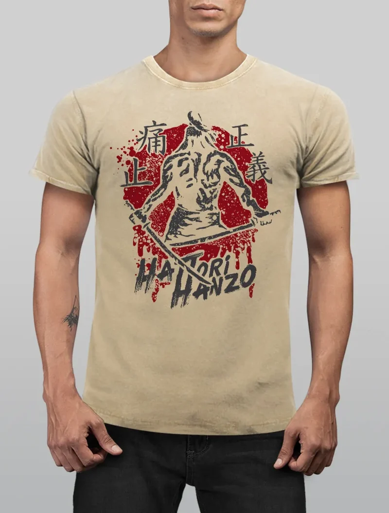 Herren Vintage Shirt Samurai Schwert japanische Schriftzeichen Schriftzug Hattori Hanzo Used Look