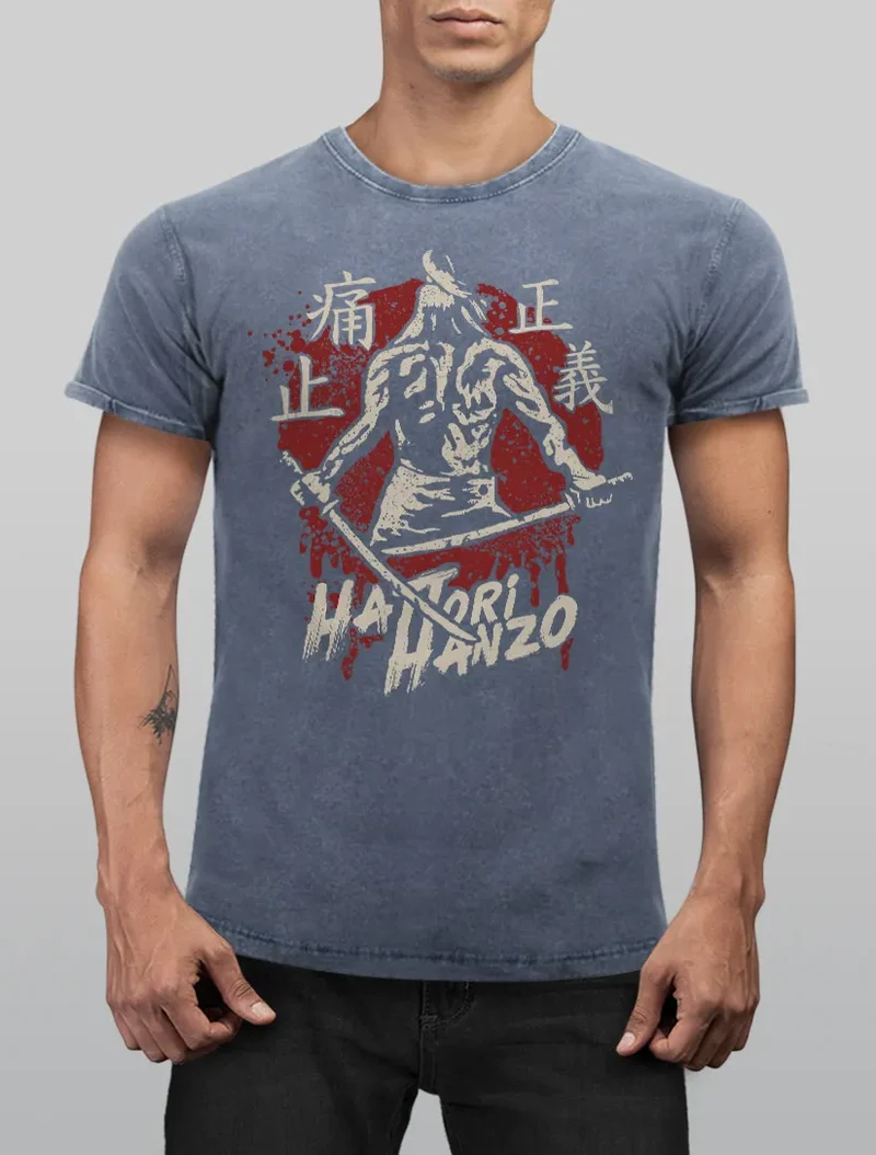 Herren Vintage Shirt Samurai Schwert japanische Schriftzeichen Schriftzug Hattori Hanzo Used Look