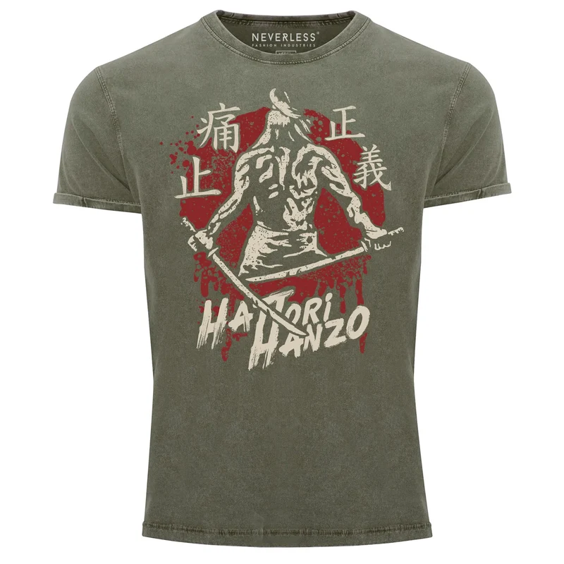 Herren Vintage Shirt Samurai Schwert japanische Schriftzeichen Schriftzug Hattori Hanzo Used Look