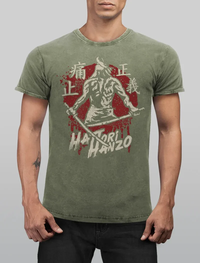 Herren Vintage Shirt Samurai Schwert japanische Schriftzeichen Schriftzug Hattori Hanzo Used Look
